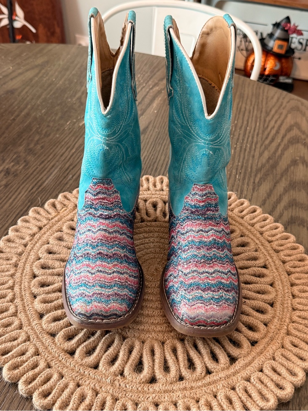 Roper Girl's Blue & Purple Aztec Glitter Square Toe Cowgirl Boots Sz 2